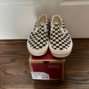 Vans slip on eco theory checkerboard, tan linen and black checkered